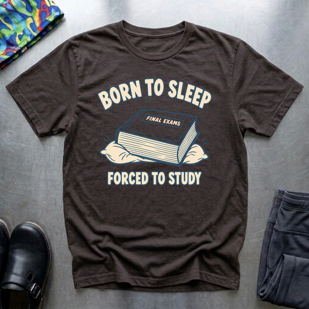 Born To Sleep, Forced to Study T-Shirt — Dark Chocolate